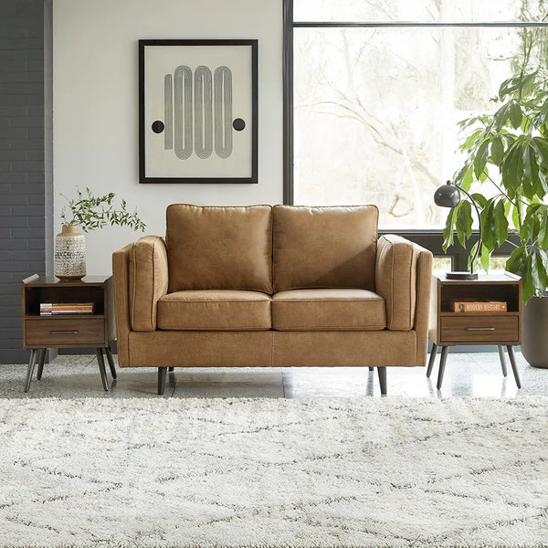 Maimz loveseat in caramel faux leather with mid-century design.