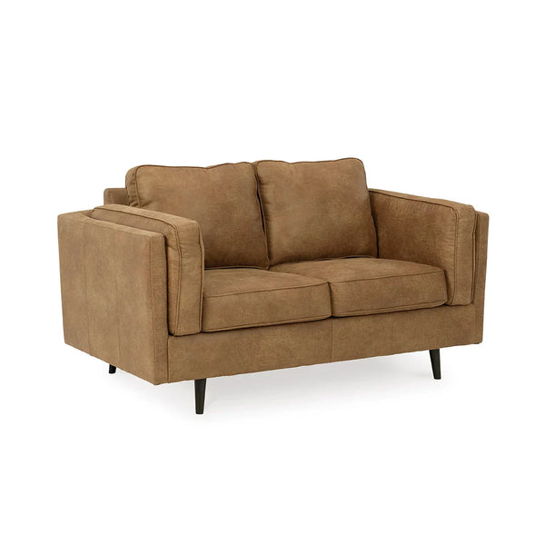 Retro-inspired loveseat with tapered splayed legs.