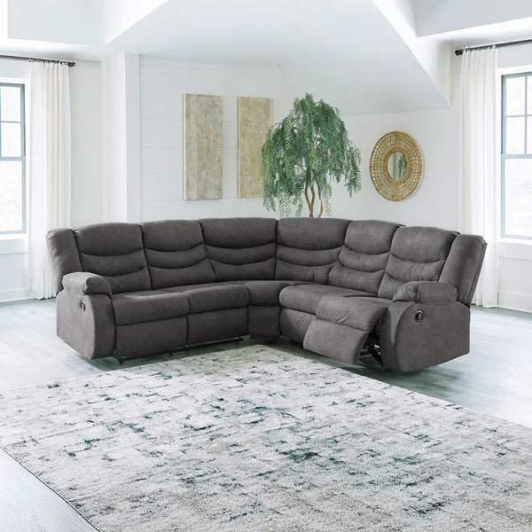 Modern gray sectional sofa with clean lines and recliners
