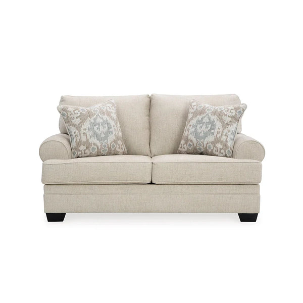 Transitional style loveseat with reversible seat cushions.