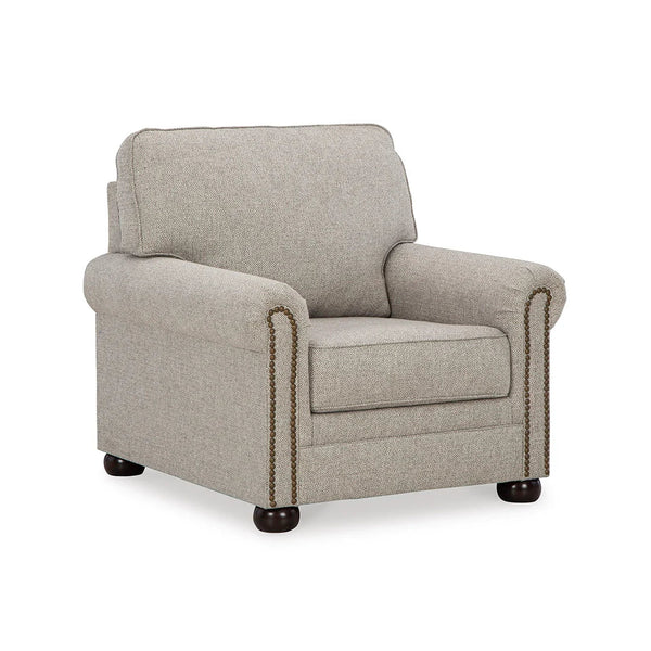 Side view of transitional chair with attached back and loose seat cushion