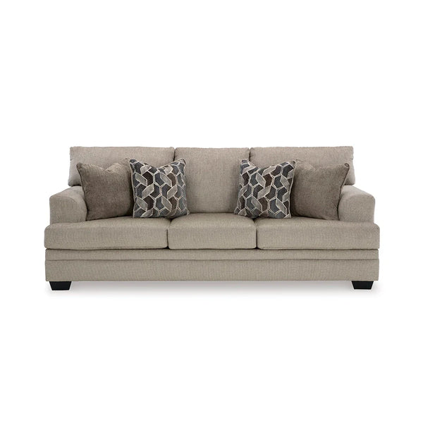 Comfortable sofa with accent pillows filled with soft polyfill.