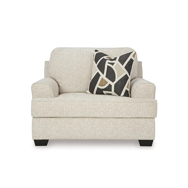 Side view of contemporary oversized chair with faux wood finish legs
