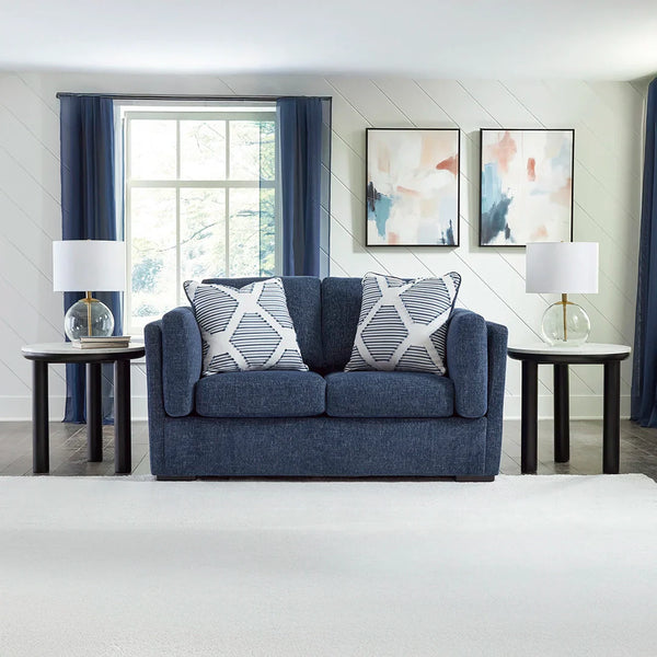 Contemporary blue sofa set with bolster pillows