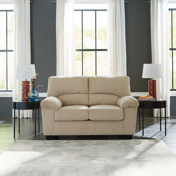 Cozy loveseat in super-soft corduroy with attached back and loose seat cushions.