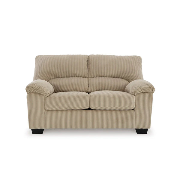 Loveseat featuring high-quality foam cushions wrapped in poly fiber for comfort.