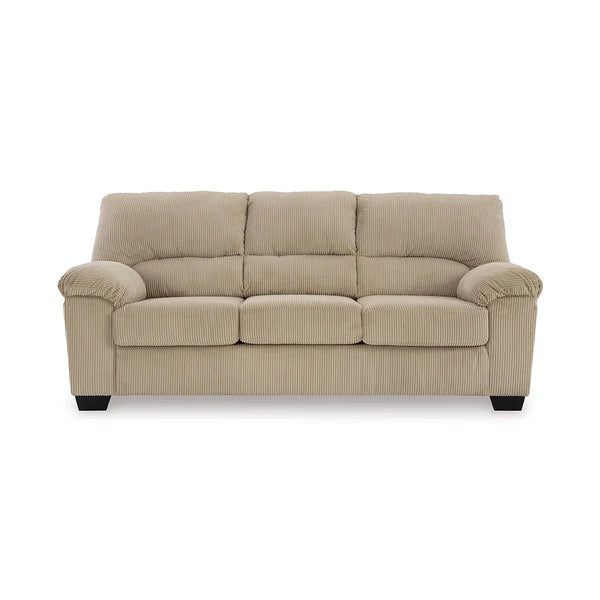 Modern living room sofa with polyester fabric and faux wood feet.