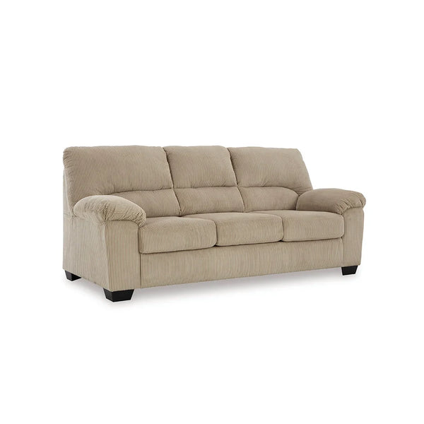 Comfortable sofa with loose seat and attached back cushions.