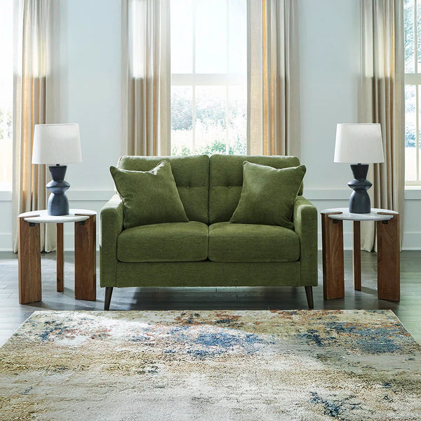 Mid-century modern loveseat with linear profile and vibrant polyester/viscose upholstery.