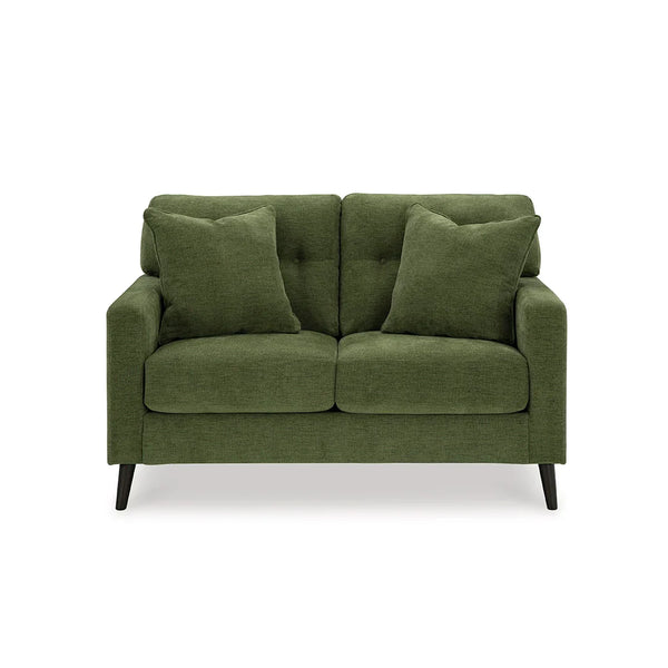 Loveseat featuring attached button-tufted back cushions and loose seat cushions.