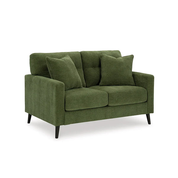 Comfortable loveseat with accent pillows filled with soft polyfill.