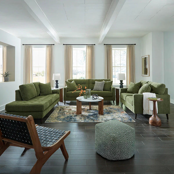 Bixler 3-piece green sofa set with modern corner sofa design, recliner sofa comfort, and stylish tapered legs for living room seating.