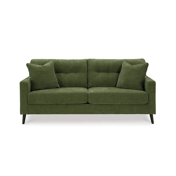 Contemporary mid-century sofa with polyester blend upholstery and accent pillows.