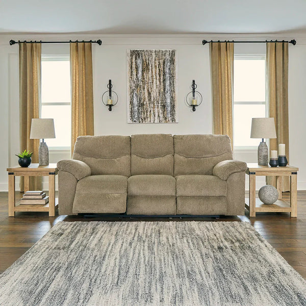 Modern recliner sofa with soft polyester upholstery and attached cushions.
