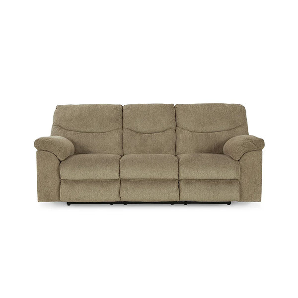 Affordable reclining sofa featuring sleek design and universal beige appeal.