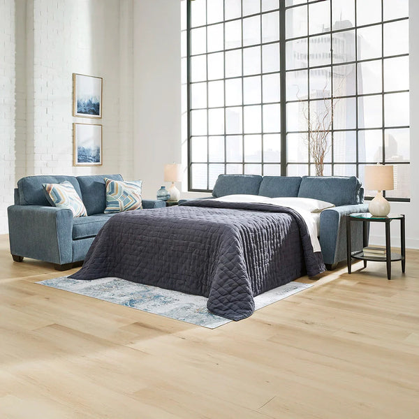 Cashton 3-seater sofa sleeper in stylish blue chenille fabric with versatile design