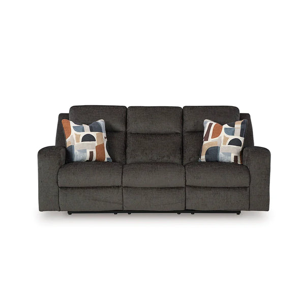 Dual-sided corner recliner sofa featuring modern track arms and pull-tab motion.