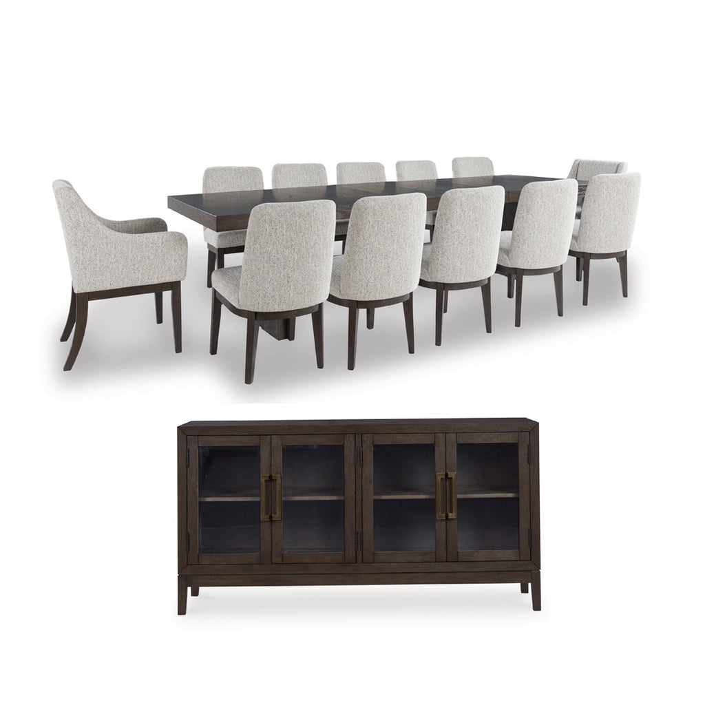 BURKHAUS DINING TABLE SET 12 CHAIRS + BUFFET - BROWN