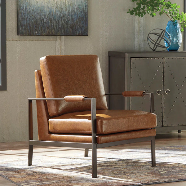 Peacemaker accent chair with light brown faux leather upholstery