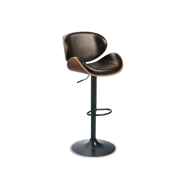 Close-up of cushioned seat and faux wood finish accent on bar stool