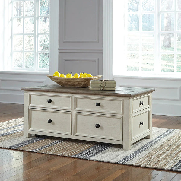 Bolanburg lift-top coffee table with two-tone antique white finish