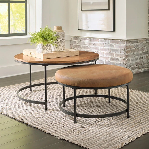 Drezmoore nesting table set with natural wood tops and black metal frames – Ashley UAE