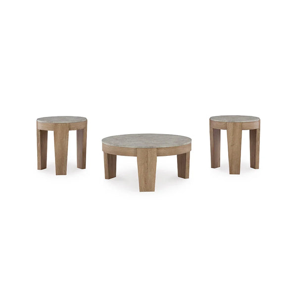 Round coffee table with two matching end tables in light brown finish.