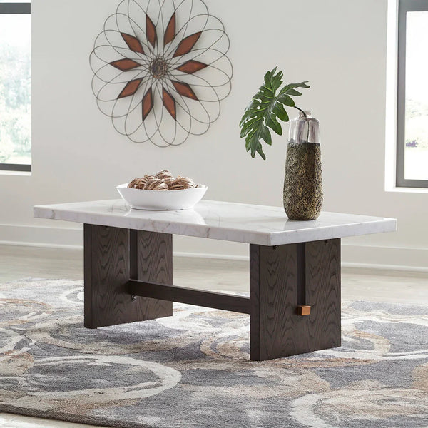 Burkhaus coffee table – modern marble top with dark waxy brown oak finish | Ashley UAE