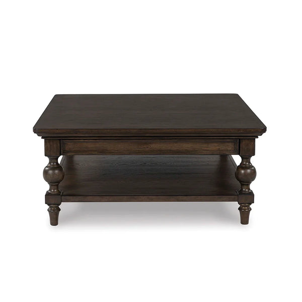 Traditional walnut coffee table with profiled top and lower shelf.