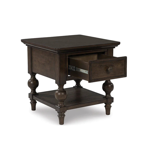 Brown walnut coffee table featuring timeless baluster turned legs.