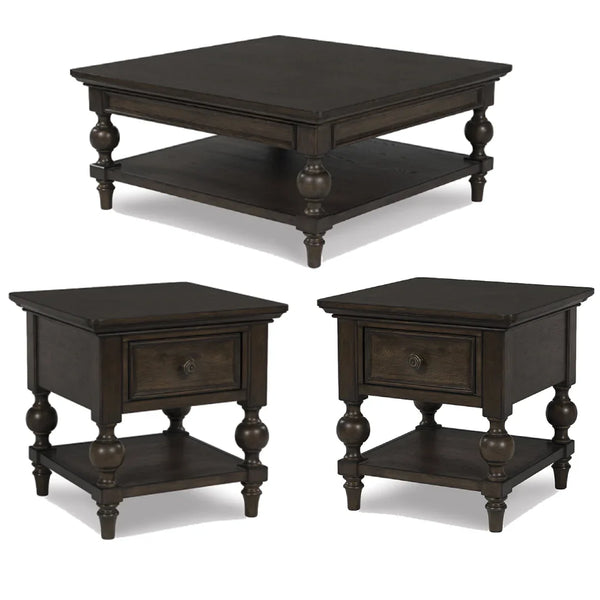 Veramond coffee table with rich brown walnut finish and baluster legs.