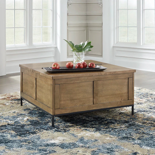 Torlanta coffee table with medium brown wood finish and black steel legs.