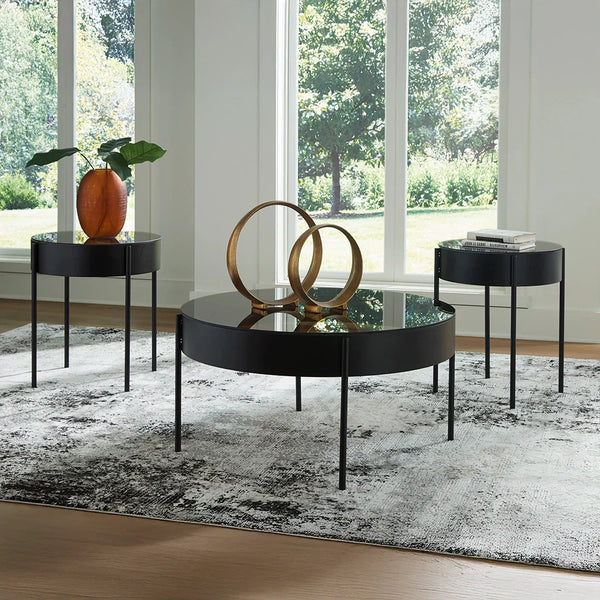 Ardoline 3-piece coffee table set with black metal frames and tempered glass tops.