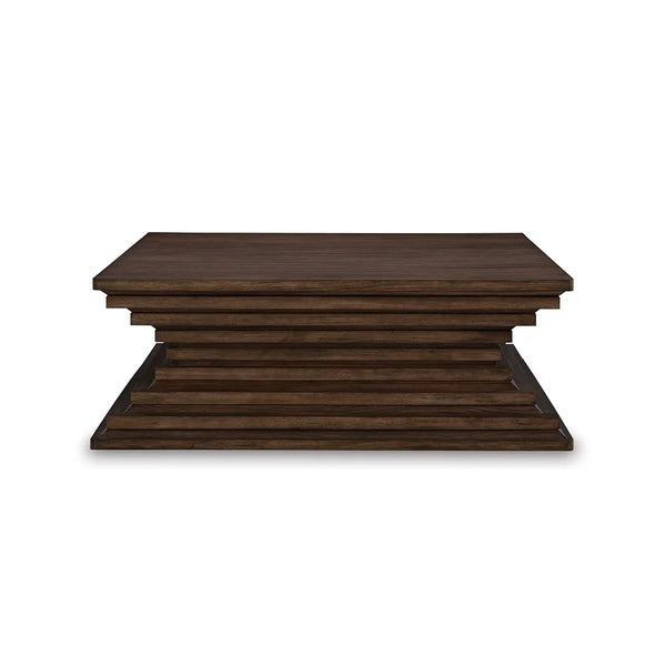 Contemporary coffee table with rustic oak veneer, MDF construction, and easy-move casters for mobility.