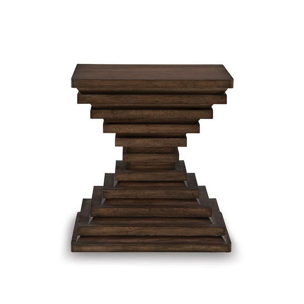 Modern coffee table with hardwood frame, rustic oak veneer, and unique bold design in glazed brown tone.