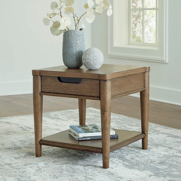 Ashley UAE Roanhowe end table with brown wood grain finish, open shelf, and spacious drawer for modern living rooms in Dubai.