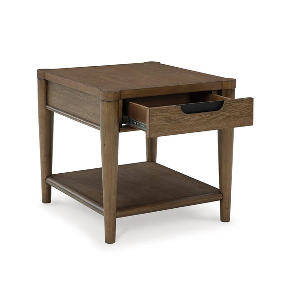 Roanhowe wooden end table with functional storage drawer, dovetail construction, and ball-bearing glides, ideal for Ashley furniture lovers in Dubai.