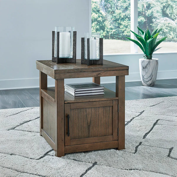 Ashley UAE Boardernest end table with rich light brown wood finish and cabinet storage