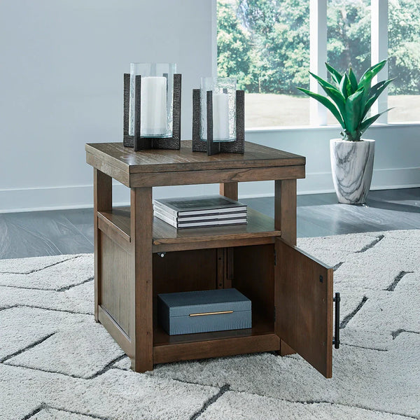 Boardernest wooden end table with open shelf and door cabinet, Ashley Furniture Dubai