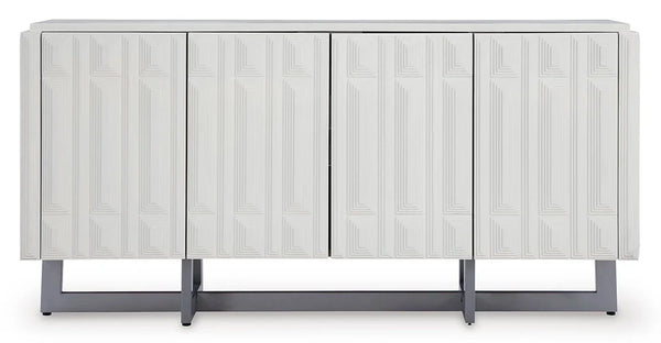 Contemporary wooden cabinet with sandblasted texture and pewter-tone metal base, a stylish Ashley furniture piece in UAE.