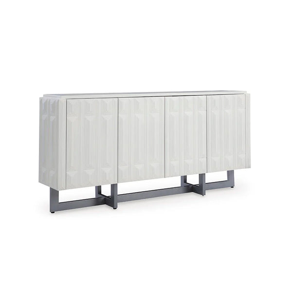Lightly distressed white accent cabinet with step design fronts and functional shelving, elegant storage cabinet for UAE interiors.