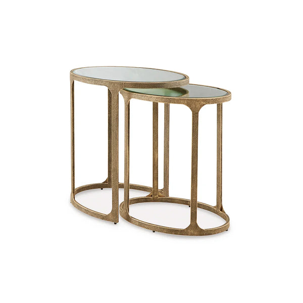 Vintage-inspired nesting table set with sturdy metal legs and mirrored tops.